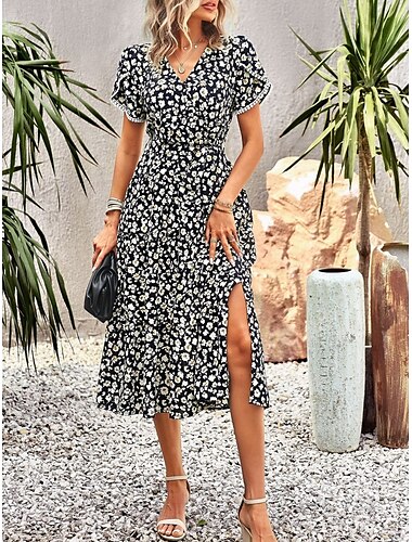  Damen Midikleid Casual kleid Schaukelkleid A Linie Kleid Stilvoll Brautkleider schlicht Urlaub Täglich Regular Fit Blumen Kurzarm V Ausschnitt Schwarz Weiß Purpur Grün Sommer