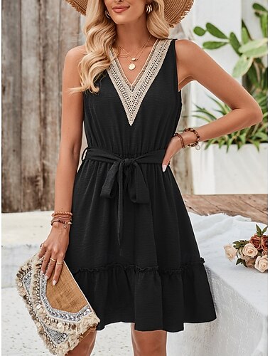  Robe Mini Femme Robe A Ligne Robe d'Été Couleur Unie Robe Off The Shoulder Basique Décontractée Vacances Quotidien Coupe Régulière Graphique Sans Manches Col en V Noir Bleu Vert Été