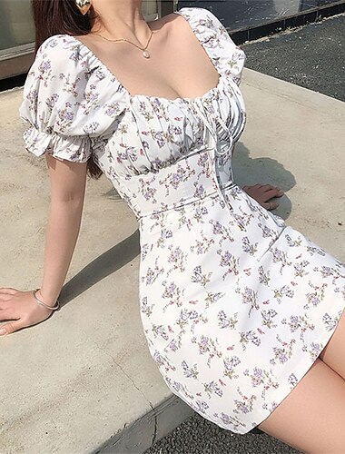  女性用 ミニドレス カジュアルドレス 花柄ドレス スタイリッシュ カジュアル パフスリーブ バケーション 日常 デート レギュラー フラワー 半袖 スクエアネック ホワイト 夏 春
