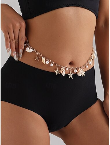  Taillenkette für den Strand für Damen – goldener Körperschmuck mit Seestern- und Muschelanhänger und Perlenakzenten für Sommer, Urlaub und als Bademode-Accessoire