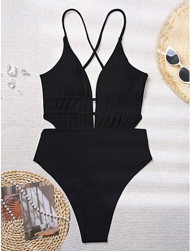  Damen Badeanzug Ein Stück Monokini Bademode Rückenfrei Bauchkontrolle Hohe Taillenlinie Schlank Urlaub Strandbekleidung Feste Farbe V Ausschnitt Ärmellos Badeanzüge