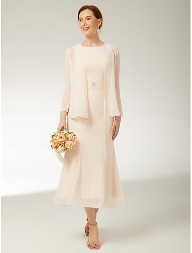  Zwei Teiliges Etui  Säule Mutter der Braut Kleid Hochzeitsgast Elegantes Plus-Size Rundhals Tee-Länge Chiffon Ärmellos Wickel inklusive mit Band  Schleife Falten Perlen 2025