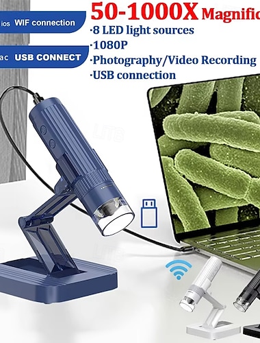  1000x digitale microscoopcamera 2in1 usb wifi draagbare elektronische microscoop 8 led vergrootglas voor huidtesten mobiele telefoon reparatie