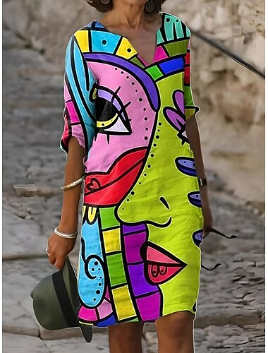  Dames Mini-jurk Casual jurk Etnische jurk Mini-jurk T shirt jurk Bohemen Vakantie Tropisch Vakantie Werk Casual Ruim Passend Geometrisch Lange mouw V-hals Regenboog Zomer Lente