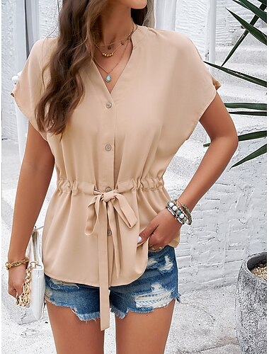 Women's Shirt Blouse Solid Color Stylish Casual Short Sleeve Notched Neck Regular Tops Daily Buttons Drawstring Black Wine Blue Green Beige Summer