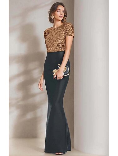  Trompete / Meerjungfrau Abendkleider Elegant Kleid Formal Abendgesellschaft Boden-Länge Kurzarm V Ausschnitt Gürtel / Schärpe Satin mit Glitzer 2025
