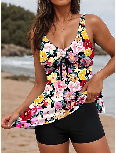  Maillots de bain pour femmes Tankini 2 pièces Maillot de bain boy leg Dossier nu Contrôle du ventre Taille haute Slim Vacances Vêtements de plage Floral Encolure U Sans manches Maillots de bain