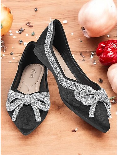  zwarte flats met strass strikdetail - elegante schoenen met puntige neus voor dames - comfortabel voor bruiloften of feesten