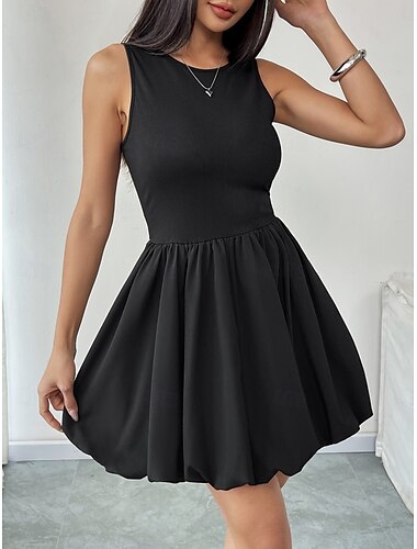  Damen Minikleid schwarzes kleid Abschlusskleid Freizeitkleid A Linie Kleid Basic Lässig Urlaub Täglich Normale Passform Einfach Ärmellos Rundhalsausschnitt Schwarz Sommer