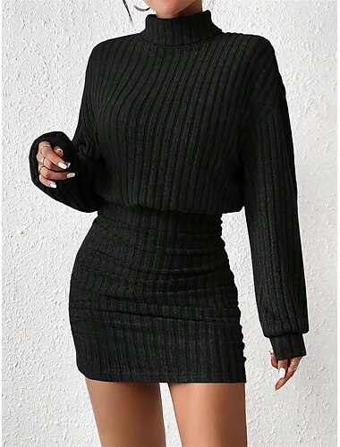  Dames Mini-jurk Trui-jurk Bodycon-jurk Elegant Casual cocktail Vakantie Straat Casual Normale pasvorm Grafisch Effen Lange mouw Coltrui Zwart Grijs Zomer Herfst Winter