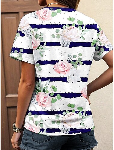  Dames T-shirt Bloemig Gestreept Casual Korte mouw Gekerfde nek Normale tops Dagelijks Afdrukken Marineblauw Zomer Lente