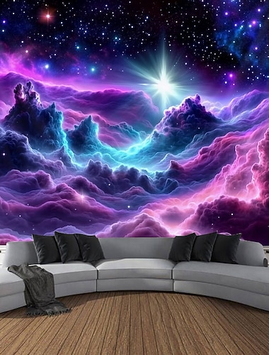  ブラックライトタペストリー　暗闇で光る　グローパーティー　UV反応　トリッピーな霧の銀河の自然風景　ハンギングタペストリー　壁アート　ミュール　リビングルーム　寝室用