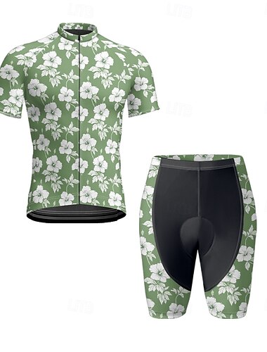  Herren Radtrikot mit Radhose fahrradbekleidung Kurzarm MTB Mountain Rennrad Königsblau Blau Grün Blumen Pflanzen Fahhrad Spandex Sport Blumen Pflanzen Bekleidung