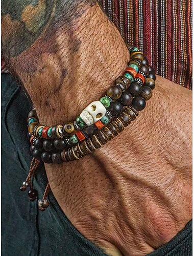  bracciali da uomo bohémien con teschio e perline – bracciali impilabili in legno, resina e perline turchesi realizzati a mano, stile casual per tutti i giorni