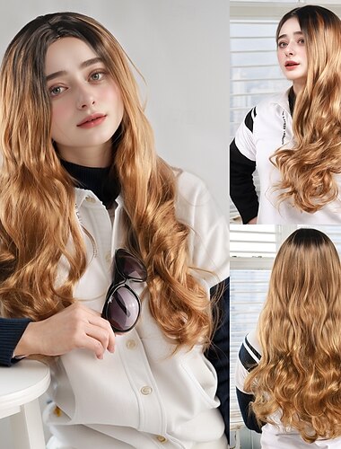  Synthetische Perücken Wellen Mit Pony Maschinell gefertigt Perücke Lang Schwarzes Gold Synthetische Haare Damen Blond