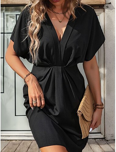  Mini-Kleid für Frauen Wickelkleid T-Shirt-Kleid Tee-Kleid Einfarbig Casual Urlaub Alltag Reguläre Passform Einfarbig Ärmellos V-Ausschnitt Schwarz Sommer