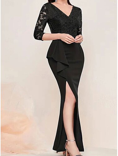  A-Linie Brautmutterkleid Elegant Party V Ausschnitt Boden-Länge Spitze Langarm mit Spitze 2025
