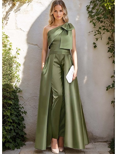  Mono Vestidos de noche Elegante Vestido Boda Invitado a la boda Hasta el Suelo Sin Mangas Un Hombro Satén con Lazo(s) 2025