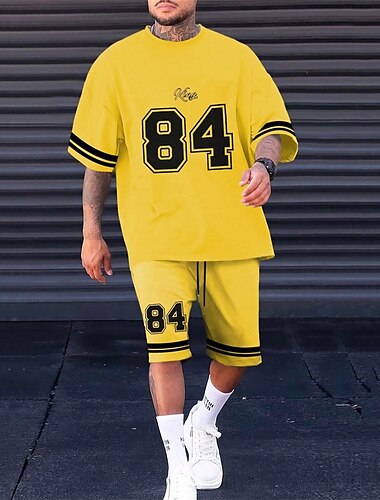  Hombre Tracksuit Camiseta y pantalones cortos Conjunto Conjunto de atuendo Juego de baloncesto Cuello Barco Exterior Diario Deportes Bolsillo Correa 2 Piezas Bloque de color Número Negro / Blanco