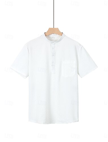  Herren Hemd Popover-Hemd Sommerhemd Freizeithemd Knopfhemd Schwarz Weiß Blau Grün Kaki Kurzarm Klassisch Einfarbig Stehkragen Henley Urlaub Hawaiianisch Schnalle Bekleidung Polyester Mode Lässig