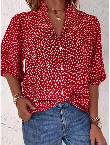  Damen Hemd Bluse Punkt Elegant Stilvoll Brautkleider schlicht Halbe Ärmel Hemdkragen Normale Oberteile Arbeit Täglich Festtage Knopf Bedruckt Rote Sommer Frühling