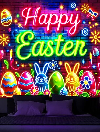  Oeufs Tapisserie noire lumière UV Brillance dans l'obscurité Fête UV Réactive Lapin Trippy Paysage naturel brumeux Tapisserie d'art mural pour salon Chambre