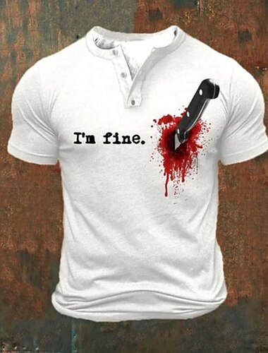  Voor heren Grappig Bloedvlekken I'M FINE T-shirt Henley-shirt Korte mouw Ontwerper Retro vintage Straat Casual Dagelijks Zomer Lente Zwart Wit Grijs Henley Henley-T-shirt