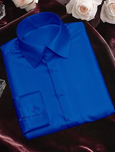  Herren Hemd Satinhemd Lässiges Hemd Knopfhemd Glatt Hochzeit Urlaub Schwarz Weiß Wein Marineblau Langarm Kargen Frühling & Herbst Bekleidung