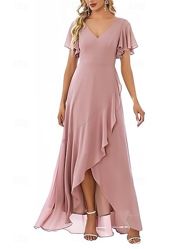  A-Line Bridesmaid Dress V Neck Short Sleeve Elegant Asymmetrical Chiffon with Ruffles / Split Front