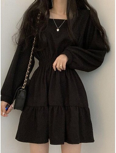  Femme Mini robe Robe Trapèze Robe de laitière Robe à épaules dénudées Robe à manches bouffantes Vacances Vacances du quotidien Standard Plein manche longue Col Carré Noir Vin Abricot Eté