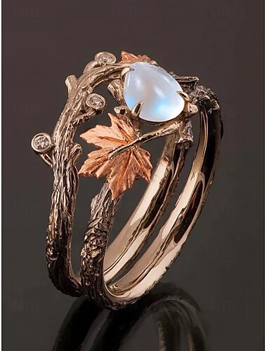  Von der Natur inspirierter Mondstein-Ahornblatt-Zweigring – Vintage-Boho-Verlobungsring für Frauen, einzigartiger Schmuck für Hochzeiten und Geschenke