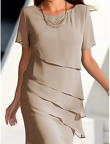  Kleid Brautmutterkleid Hochzeitsgast Elegant Lässig Juwelenhals Knielang Polyester Kurzarm mit Stufen 2025