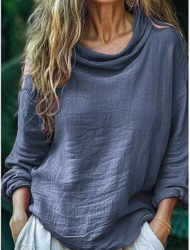  Dámské Košile Halenka Bavlněné lněné košile Pevná barva Základní Na běžné nošení Dlouhý rukáv Tričkový Nabíraný krk Běžné topy Denní Černá Světlá růžová Vodní modrá Světle šedá Růžová Léto