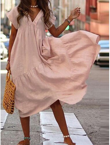  Damen Langes Kleid Maxikleid Baumwolle Leinen Kleider Elegant Stylisch Basic Urlaub Casual Alltag Regular Fit Einfarbig Kurzarm V-Ausschnitt Hellgelb Rosa Weinblau Sommer Frühling