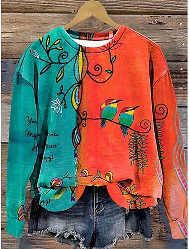  Mujer Sudaderas Geométrico Bloque de color Casual Manga Larga Escote Redondo Tops regulares Trabajo Uso Diario Casual Estampado Naranja Otoño Invierno