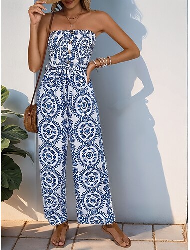  Damen Normal Jumpsuit Aktiv Blumen Ärmellos Trägerlos Rückenfrei Tasche Urlaub Täglich Regular Fit Blau Sommer