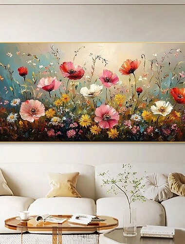  handgemachtes Original buntes Blumengemälde Ölgemälde auf Leinwand abstrakte florale Wandkunst für Wohndekoration mit gespanntem Rahmen ohne Innenrahmen