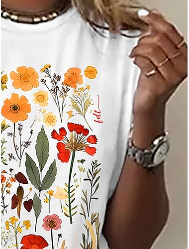  Damen T Shirt Blumen Basic Kurzarm Rundhalsausschnitt Normale Oberteile Täglich Wochenende Bedruckt Schwarz Weiß Grau Sommer