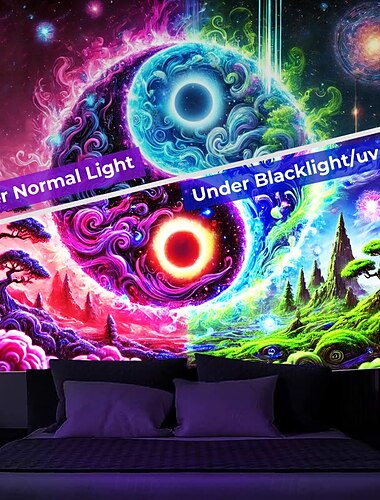  Tapisérie s černým světlem Svítící v noci OSLAVA s UV reaktivním Taiči Zen Trippy Mlha Příroda Krajina Zavěšená tapisérie Nástěnná umění Mural pro obývací pokoj Ložnici