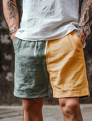  Hombre Pantalón corto Pantalones cortos de lino Pantalones cortos de verano Pantalones cortos de playa Retazos Cintura elástica Correa Bloque de color Comodidad Transpirable Longitud de la rodilla