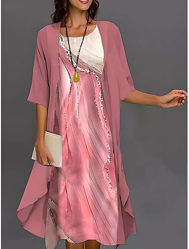 Robe de graduation pour femmes Robe midi Robe en chiffon Robe chemisier Élégante Formelle Invité de mariage Quotidien Ajustement ample Imprimé floral À manches courtes Col rond Rose Été Printemps