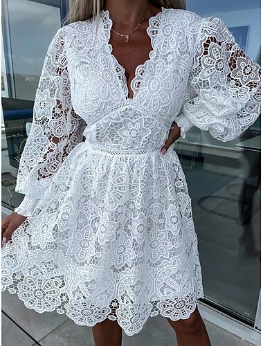  Robe Mini Femme Robe Corset Robe A Ligne Robe à Manches Bouffantes Robe Eyelet Anniversaire Cocktail Vacances Quotidienne Ajustement Régulier Unie Sans Manches Col V Blanc Été