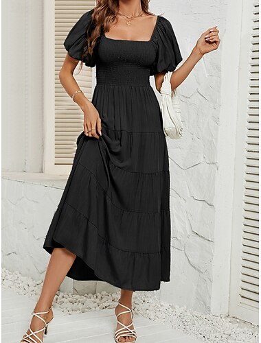  Damen Mini Kleid A-Linie Kleid Bäuerin Kleid Off-Shoulder Kleid Puffärmel Kleid Urlaub Urlaub Daily Regular Fit Unifarben Kurzarm Off-Shoulder Schwarz Hellgrün Pink Blau Sommer