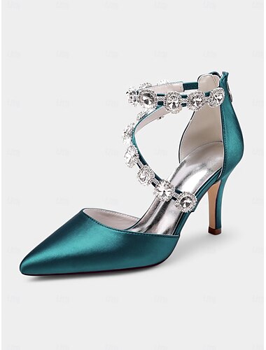 Women's Purple Satin Stiletto Heels with Crystal Ankle Straps – Glamorous Pointed Toe Cocktail Party Shoes for Weddings and Formal Events