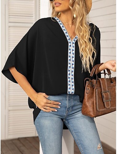  Damen Hemd Bluse Feste Farbe Stilvoll Brautkleider schlicht 3/4 Ärmel V Ausschnitt Normale Oberteile Täglich Patchwork Schwarz Weiß Sommer Frühling