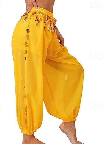  Bauchtanzkostüm für Damen, Münzlaternenhose, seitlich geschlitzte, glänzende Haremshose mit Pailletten, arabische Halloweenhose