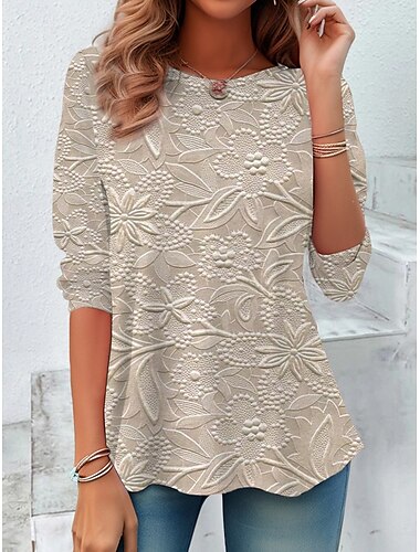  dames t-shirt met lange mouwen tuniek top 3D-print bloemen casual lange mouwen ronde hals normale tops dagelijkse print zilver roze hemelsblauw kaki lente herfst