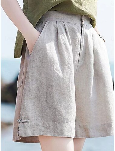  Damen Leinen-inspirierte Shorts Hose aus Baumwollleinen Weite Hosenbeine Mode Streetwear Basic Knielang Mittlere Taillenlinie Einfach Tasche Kordelzug Komfort Außenbereich Mikroelastisch Urlaub