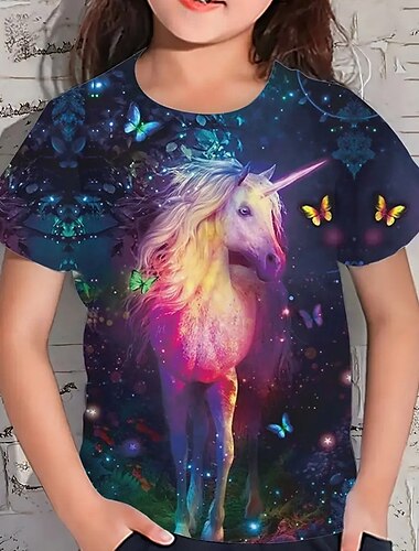  Mädchen 3D Graphic Einhorn T-Shirt Kurzarm Sommer Frühling Modisch Basic kinderkleidung 4-12 Jahre Rundhalsausschnitt Outdoor Casual Täglich Regular Fit