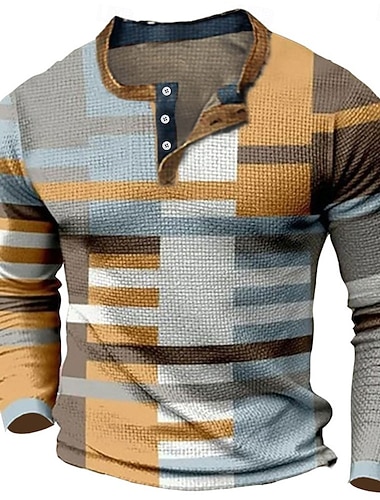  Herren Grafik Farbblock Waffel-Henley-Hemd T-Shirt Langarm 3D-Druck Mode Designer Bequem Lässig Täglich Outdoor Frühling & Herbst Braun Henley Henley T-Shirt